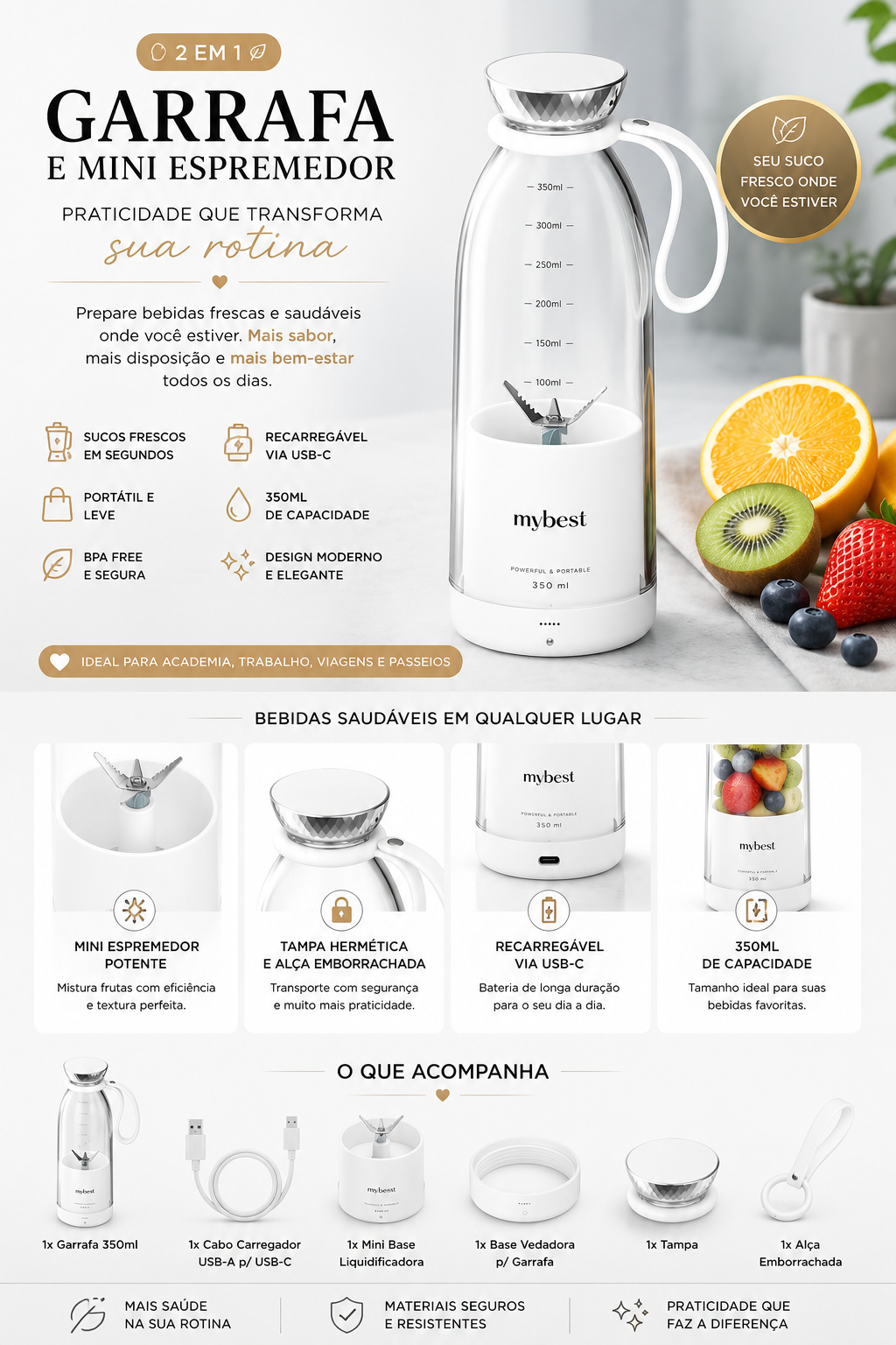 Garrafa Liquidificadora Portátil 2 em 1 – 350ml (Branca) - Imagem 2