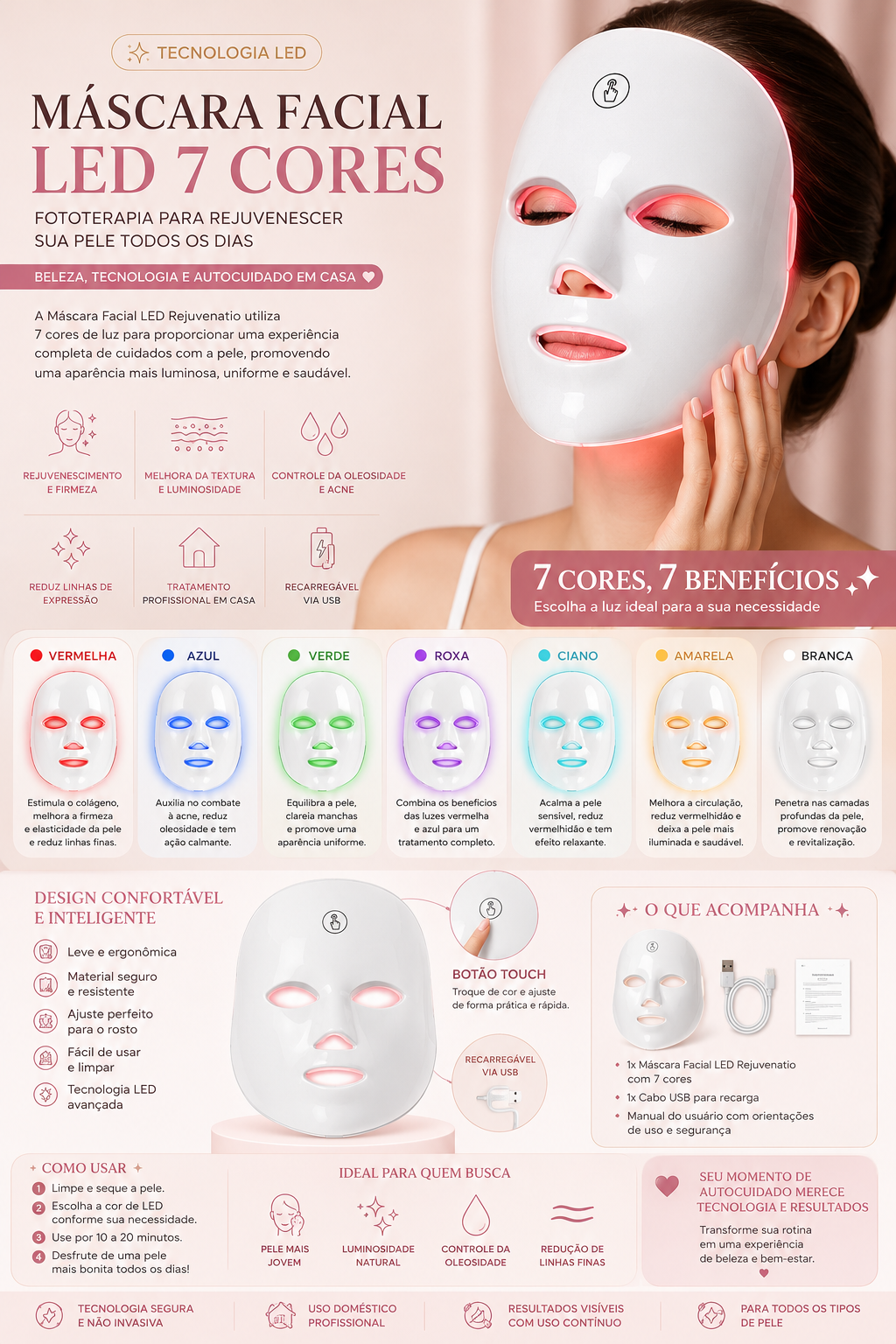Máscara Facial LED 7 Cores Recarregável | Fototerapia Anti-idade e Skinc - Imagem 2