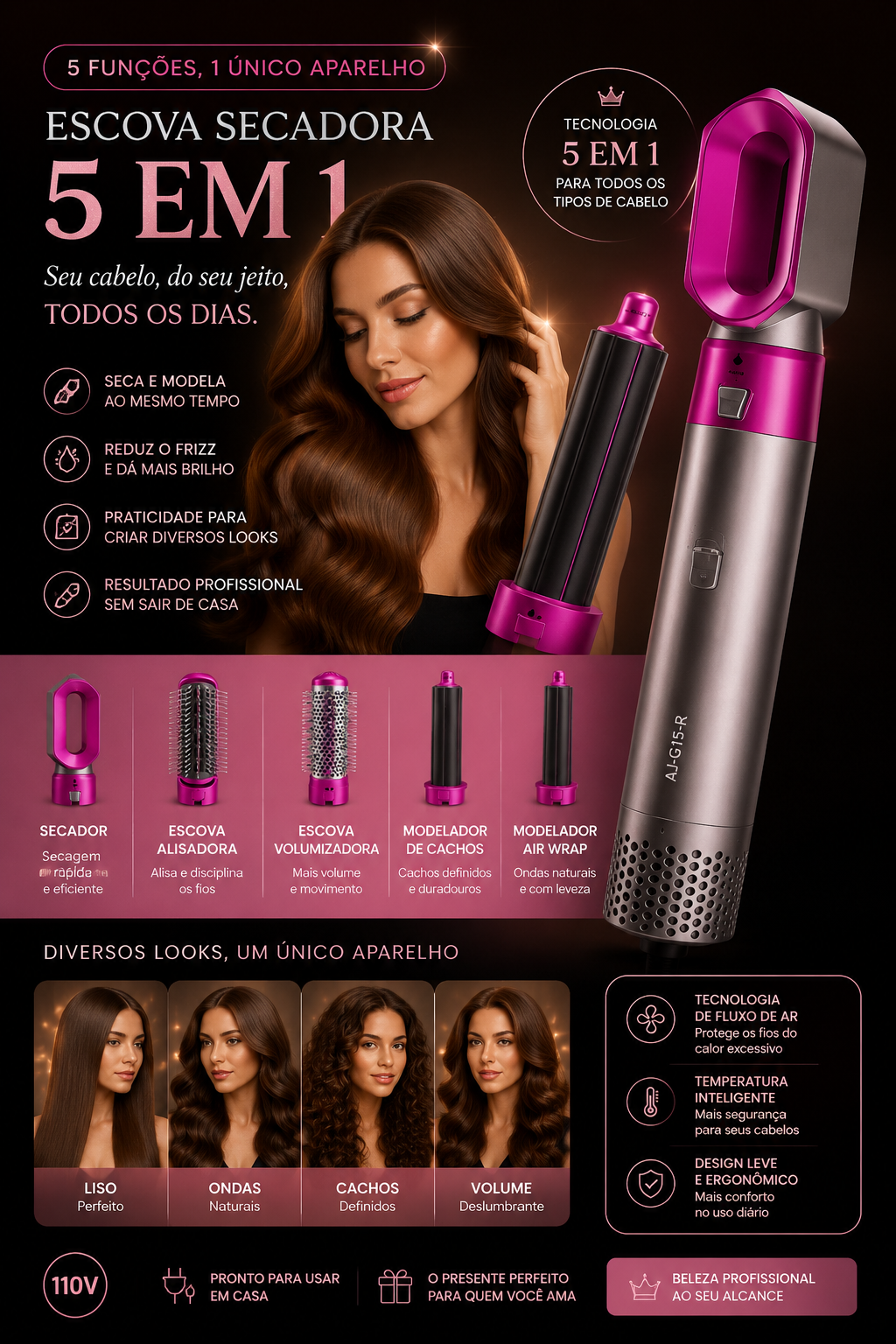 Escova Secadora 5 em 1 AJ-G15-R Modelador Pink/Prata - Imagem 2