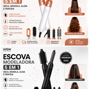 Escova Secadora e Modeladora 5 em 1 Premium – Seca, Alisa, Modela e Penteia