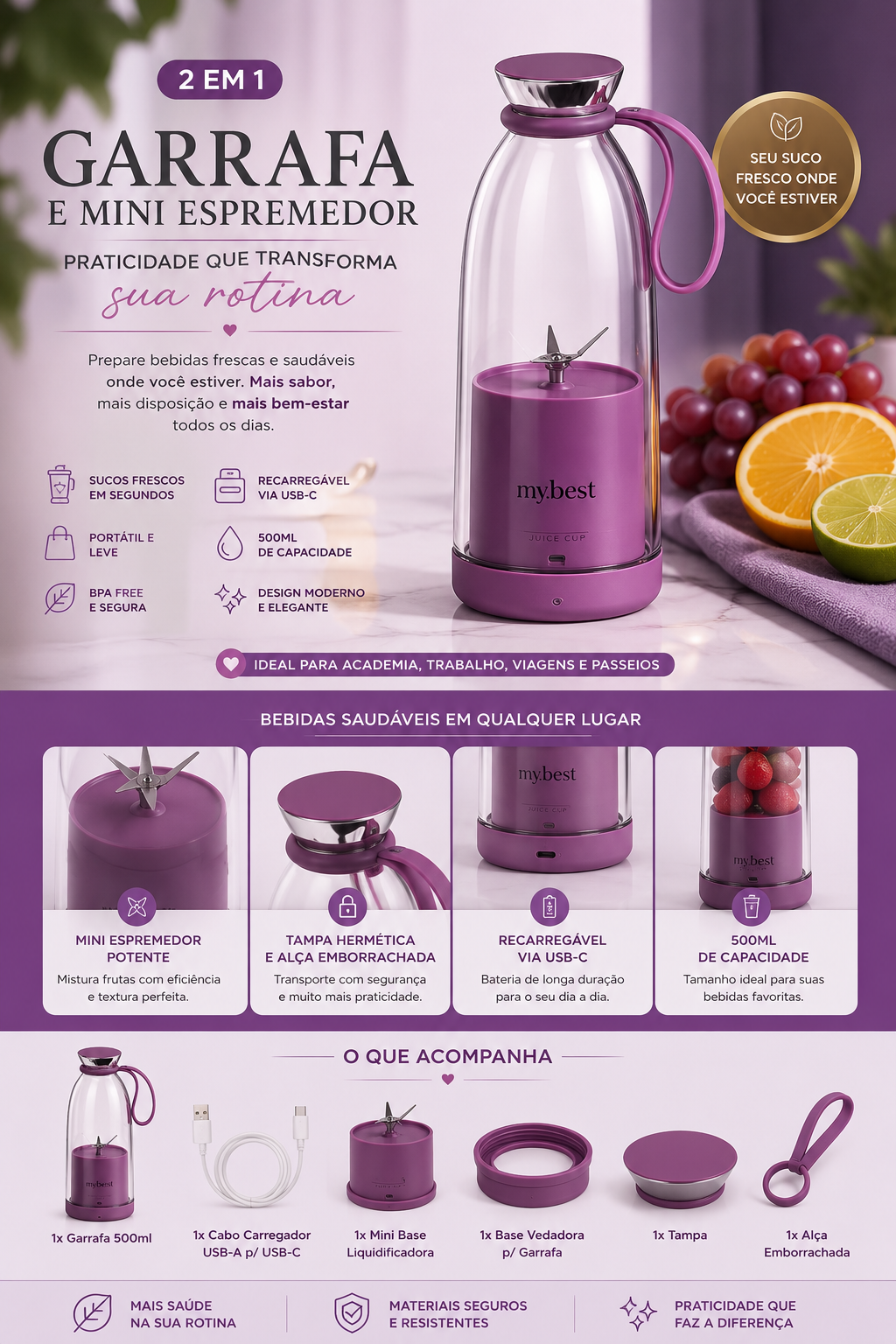 Garrafa Liquidificadora Portátil 2 em 1 – 500 ml (Roxa) - Imagem 2