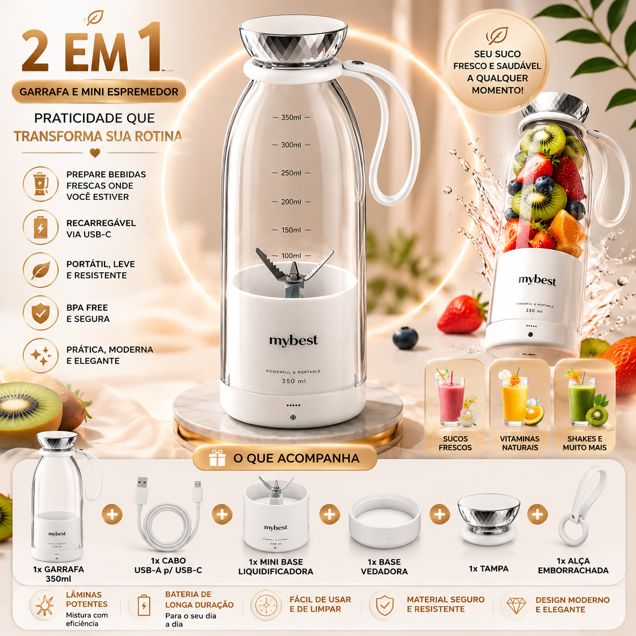 Garrafa Liquidificadora Portátil 2 em 1 – 350ml (Branca) - Imagem 3