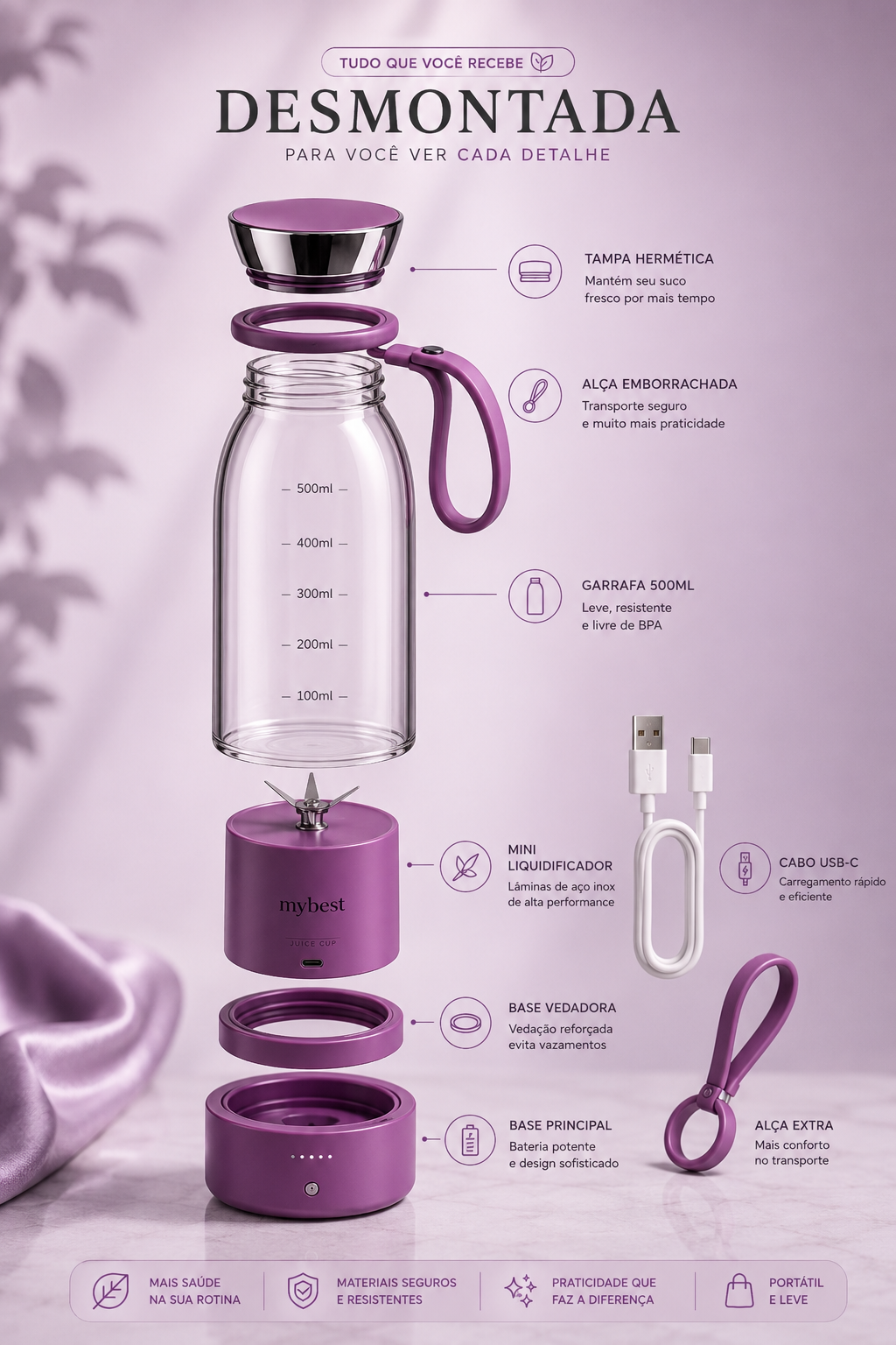 Garrafa Liquidificadora Portátil 2 em 1 – 500 ml (Roxa) - Imagem 3