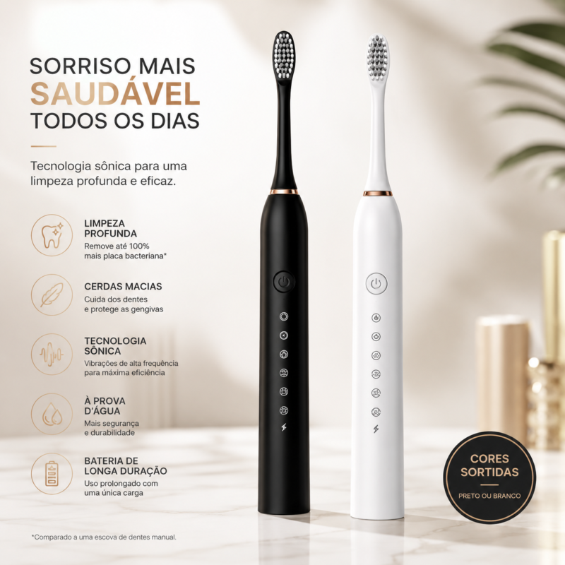 Escova Dental Elétrica Sônica Recarregável USB | 6 Modos, 4 Refis e IPX7