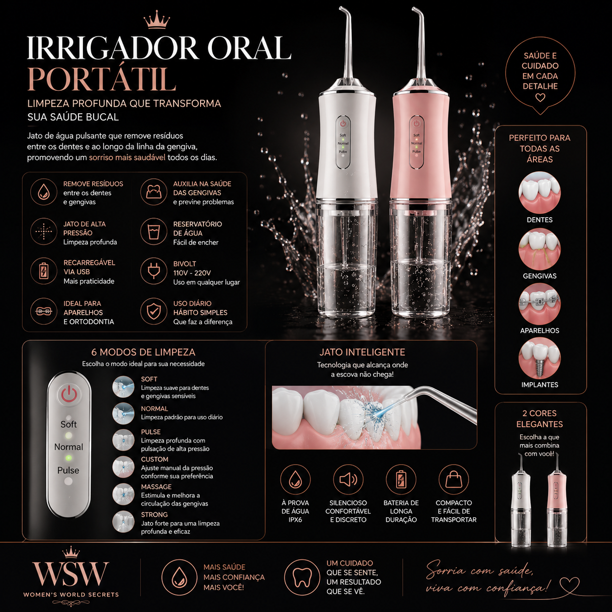 Irrigador Oral Portátil de Alta Pressão – Limpeza Profunda (Cores Sortidas) - Imagem 3