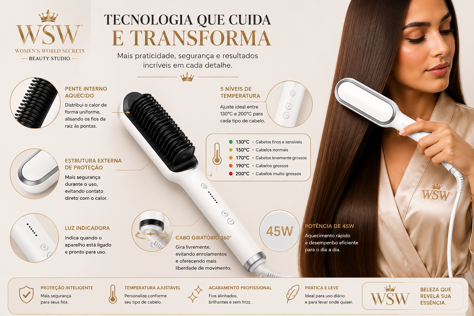 Escova Alisadora Elétrica Branca Bivolt 45 W — 5 Temperaturas - Imagem 2