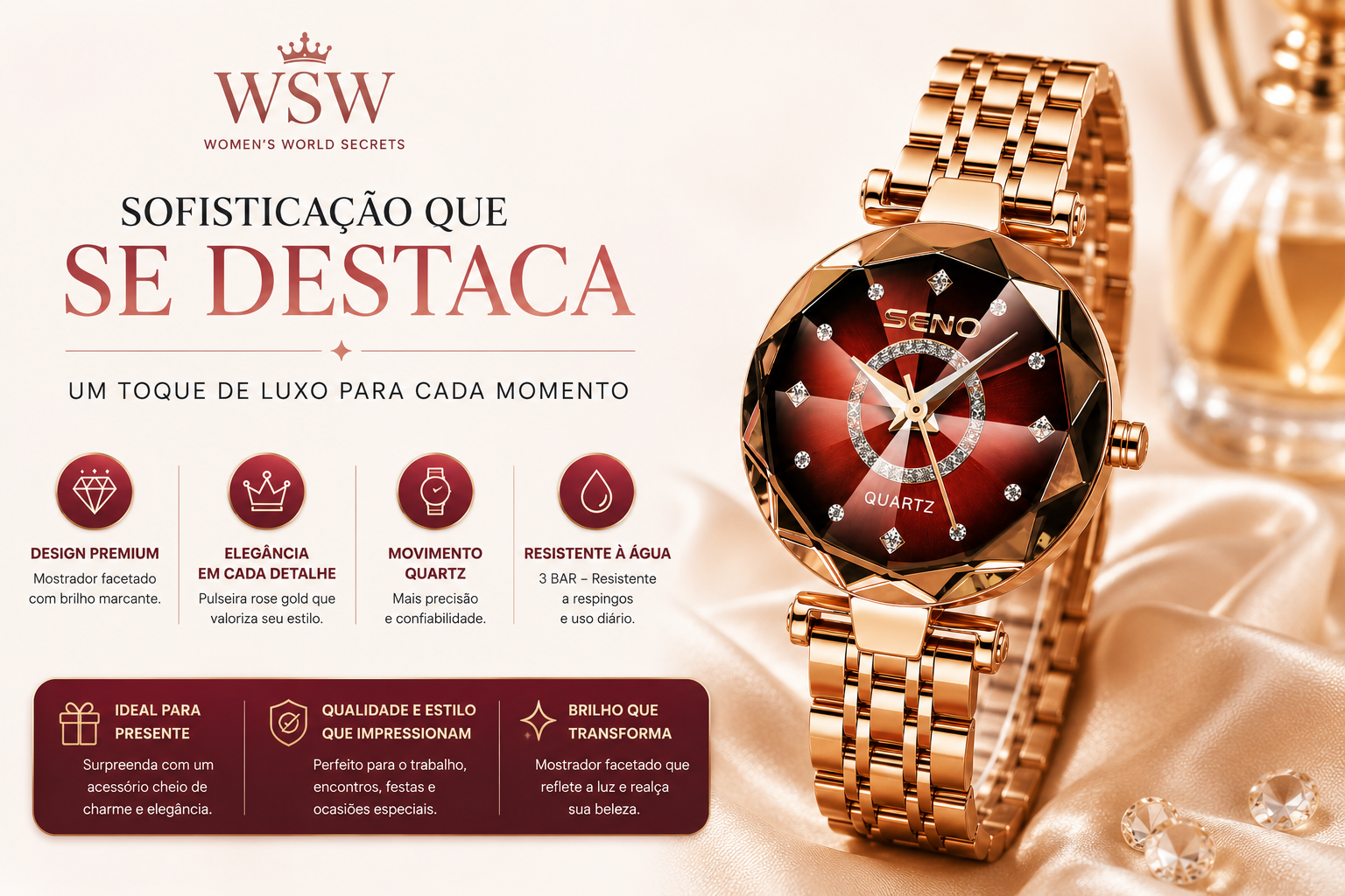 Relógio Feminino Ocean Star Vermelho com Pulseira Rose Gold - Imagem 2