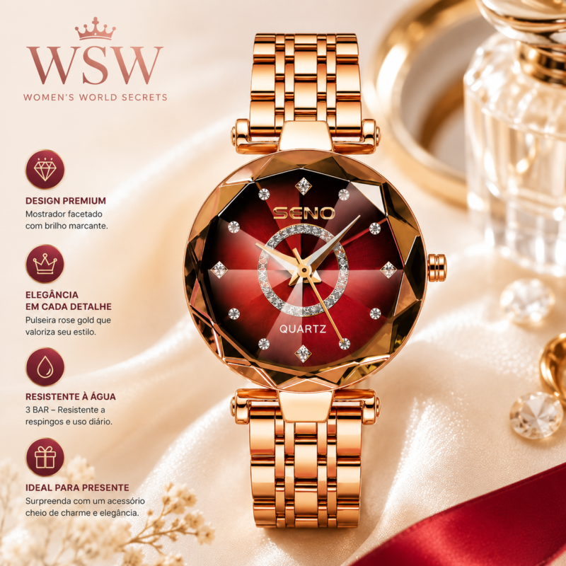 Relógio Feminino Ocean Star Vermelho com Pulseira Rose Gold