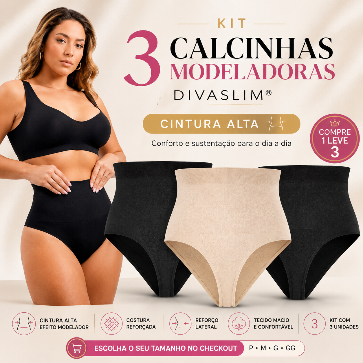 Kit 3 Calcinhas Modeladoras Divaslim — Cintura Alta