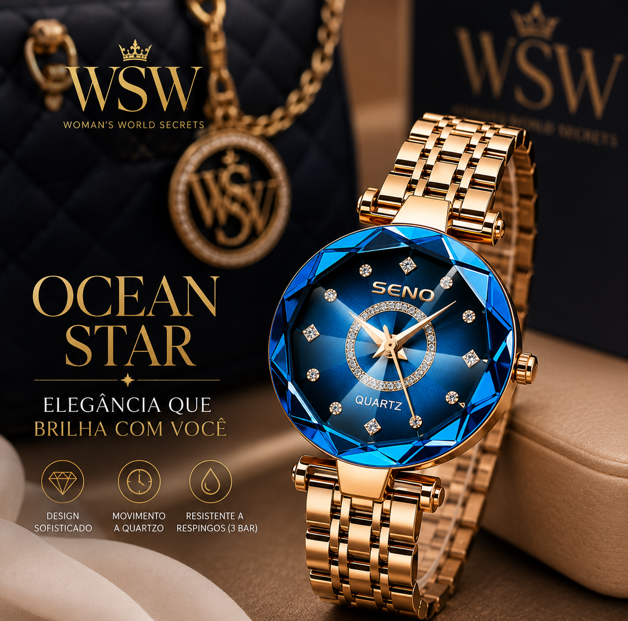Relógio Feminino Ocean Star Azul com Pulseira Rose Gold