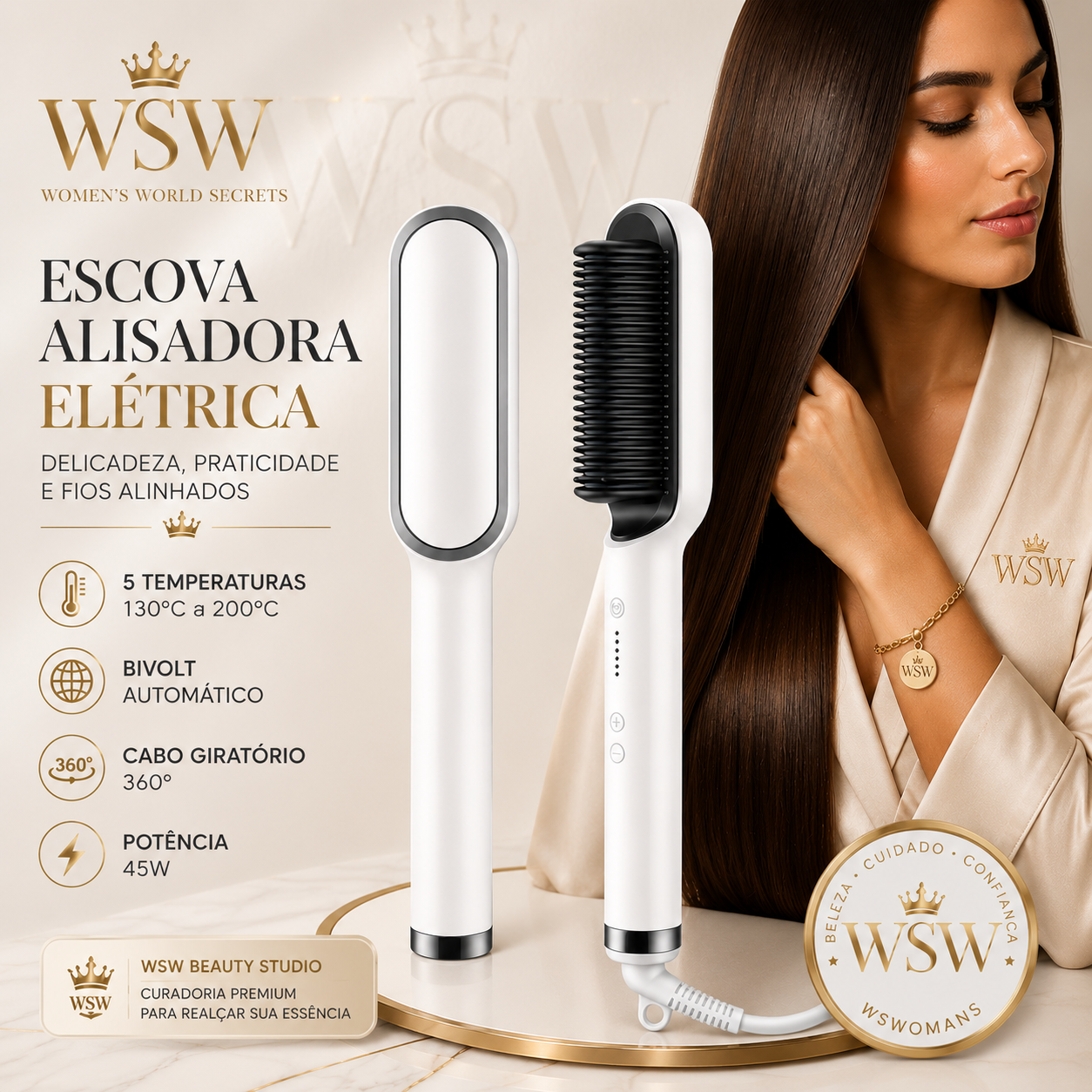 Escova Alisadora Elétrica Branca Bivolt 45 W — 5 Temperaturas