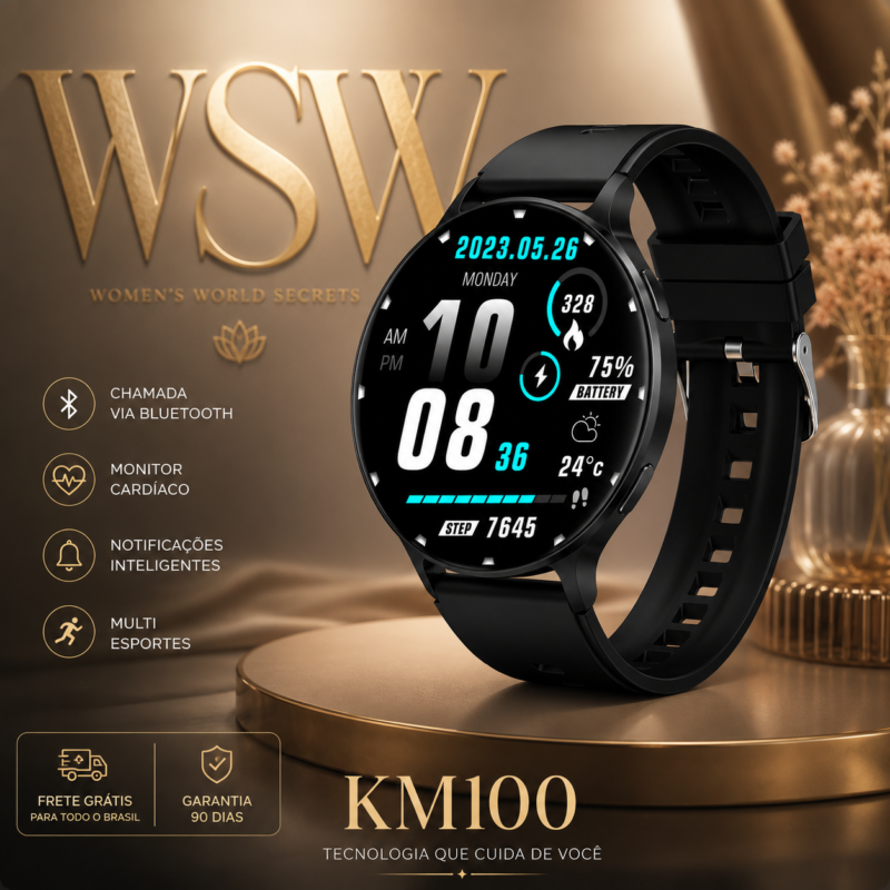 Smartwatch KM100 AMOLED 1,75” com Chamadas Bluetooth e Monitor Cardíaco