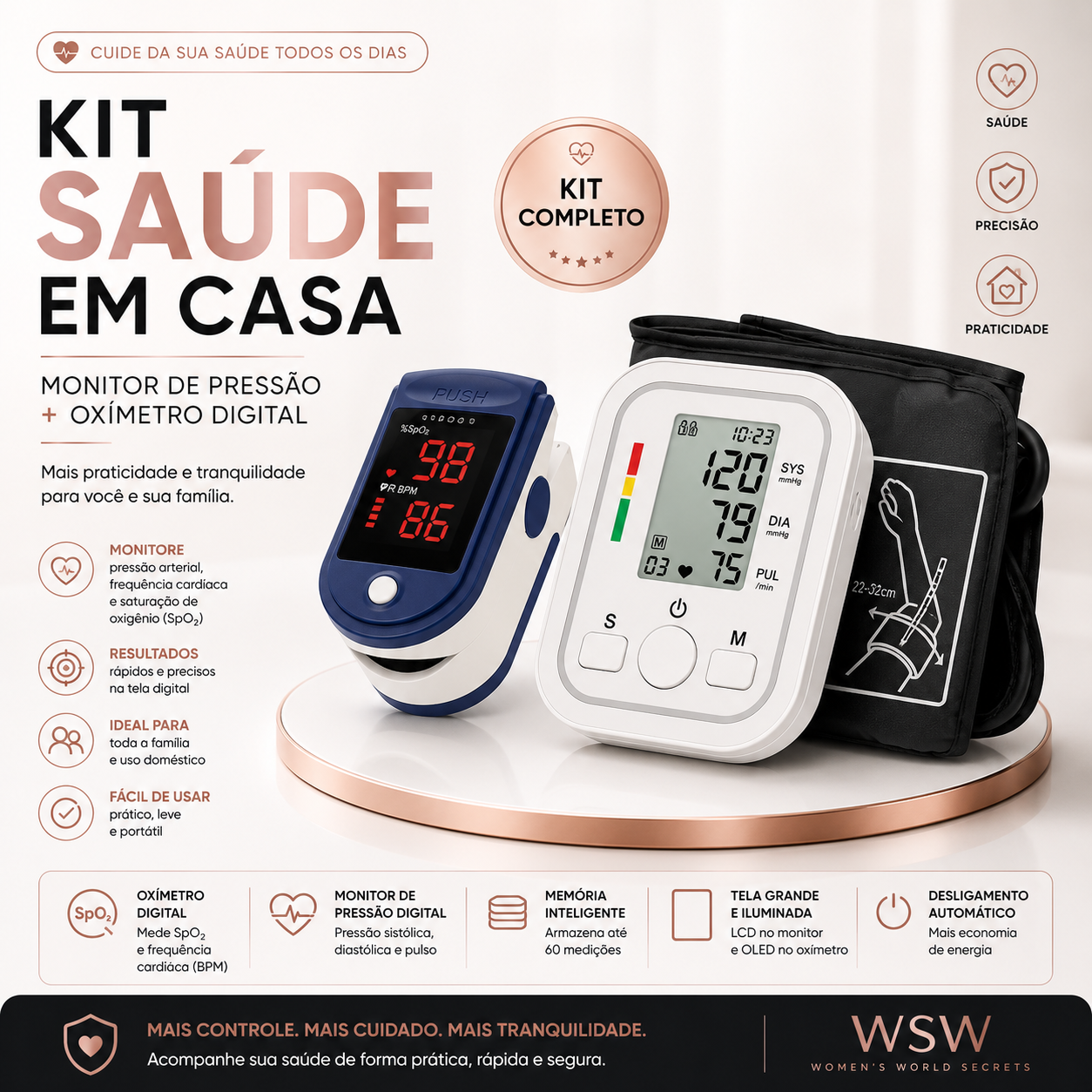 Kit Saúde | Monitor de Pressão + Oxímetro Digital