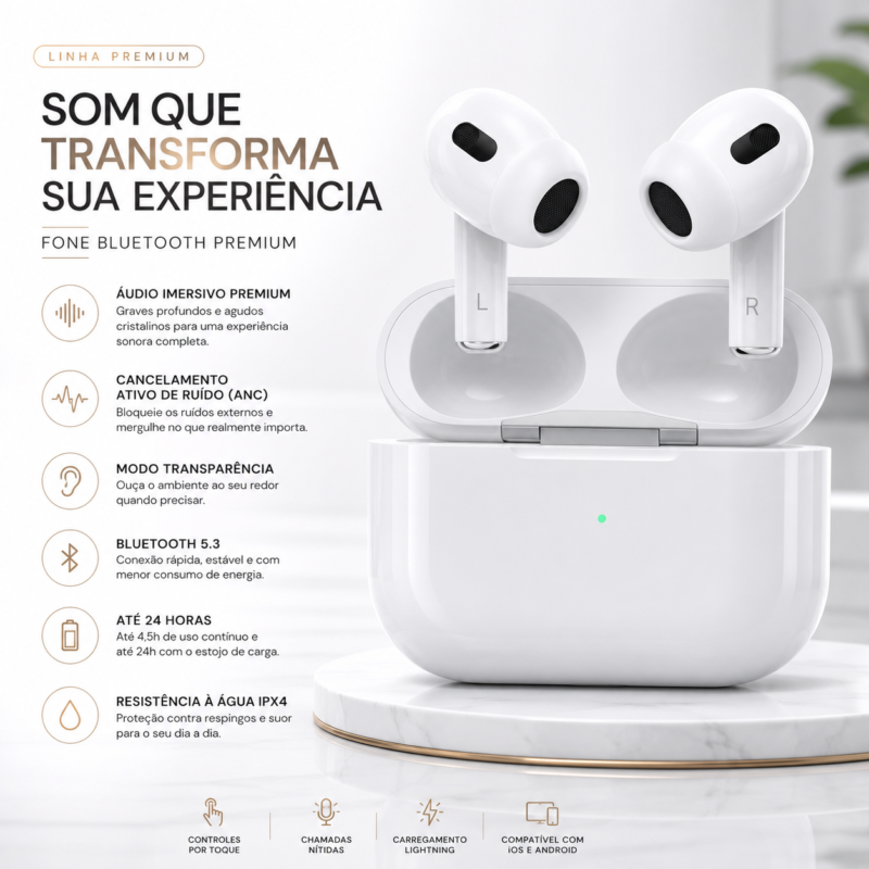 Fone Bluetooth Premium ANC com Estojo de Recarga Lightning | Bluetooth 5.3