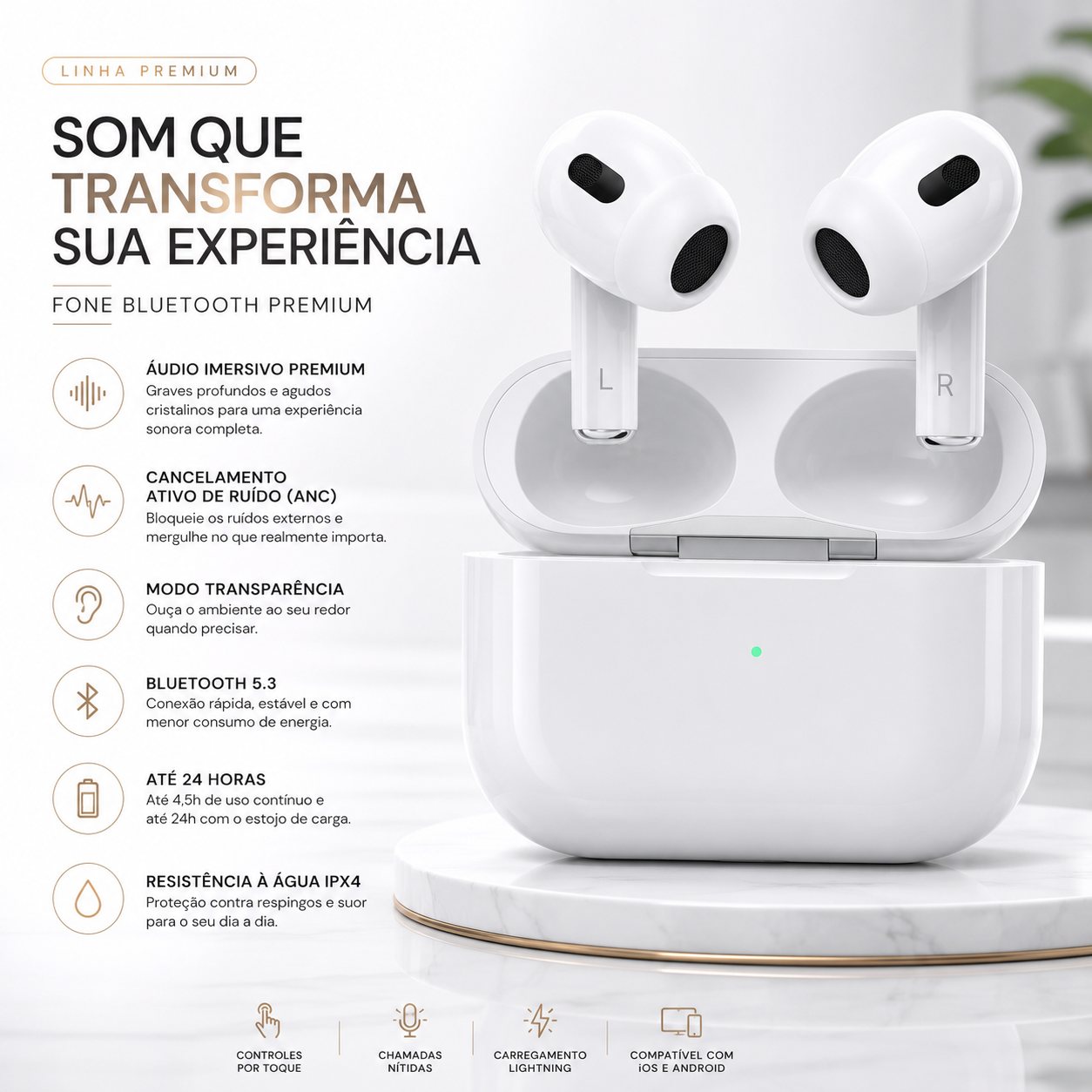 Fone Bluetooth Premium ANC com Estojo de Recarga Lightning | Bluetooth 5.3