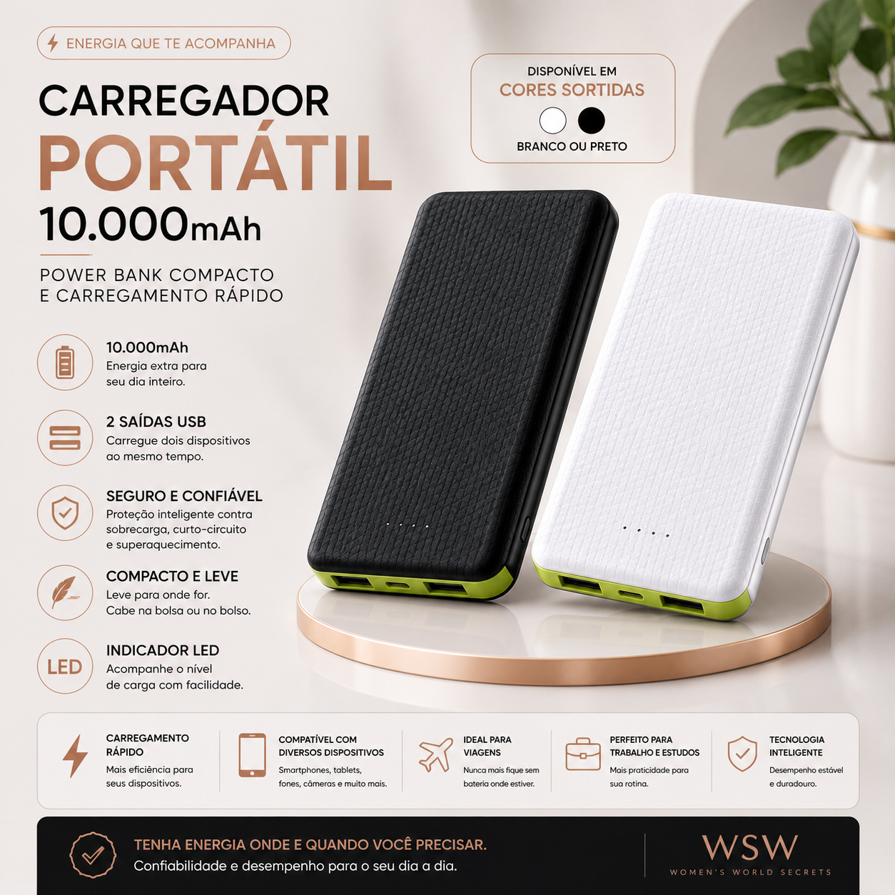 Carregador Portátil 10.000mAh | Power Bank Compacto USB