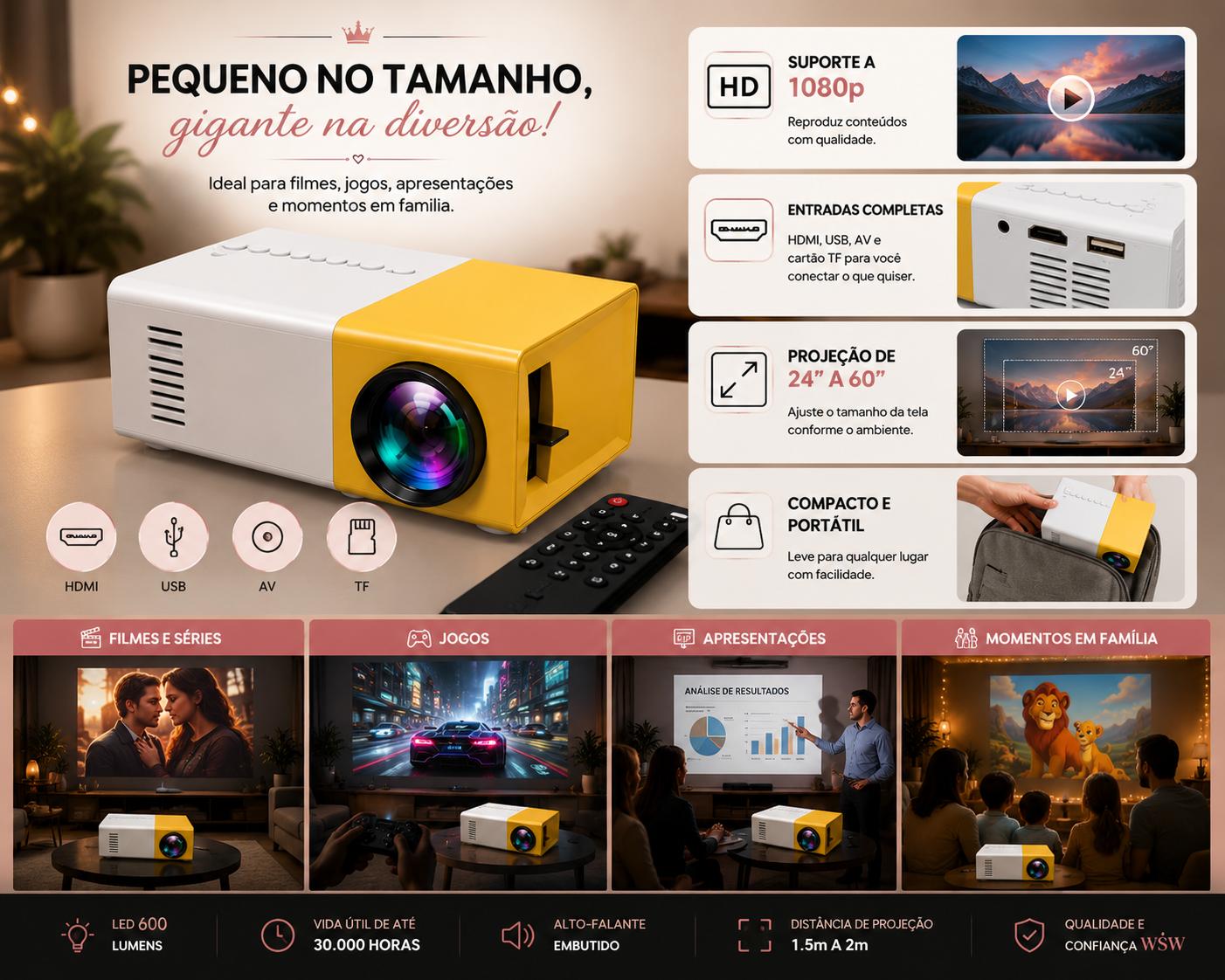 Mini Projetor Portátil YG300 LED com HDMI – Amarelo/Branco - Imagem 2