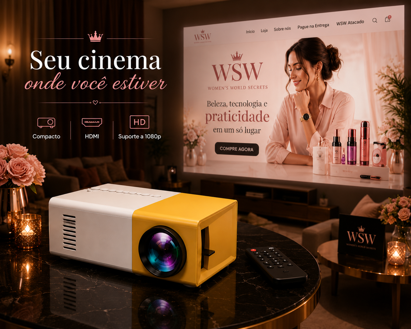 Mini Projetor Portátil YG300 LED com HDMI – Amarelo/Branco